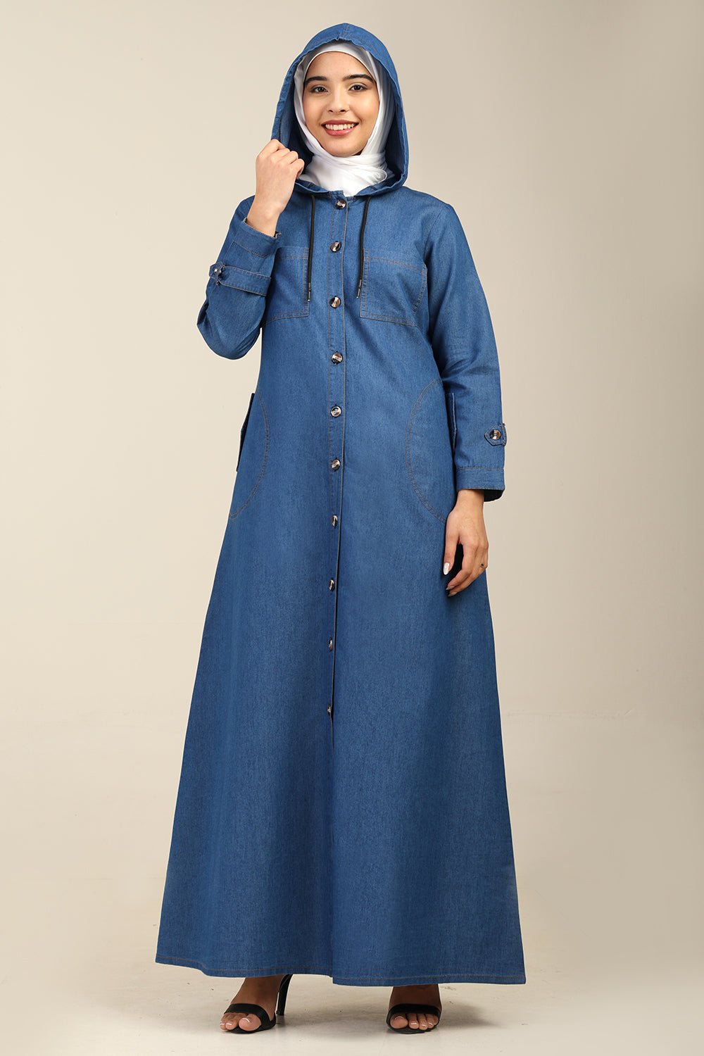 Front Button Opening Hooded Denim Abaya - EastEssence.com