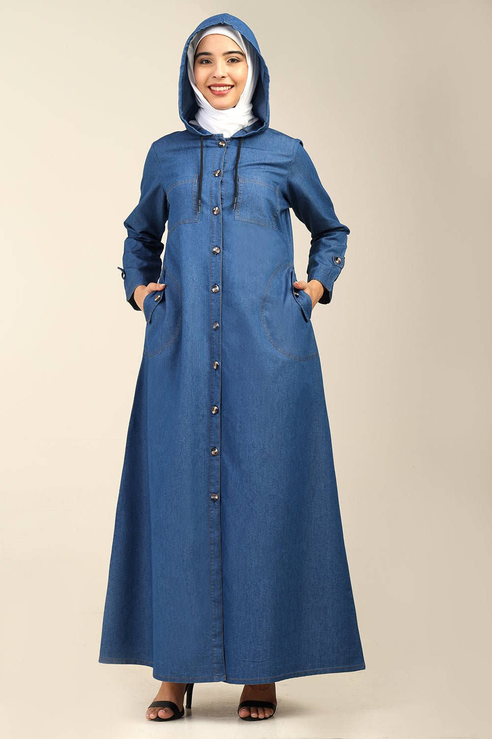 Front Button Opening Hooded Denim Abaya - EastEssence.com