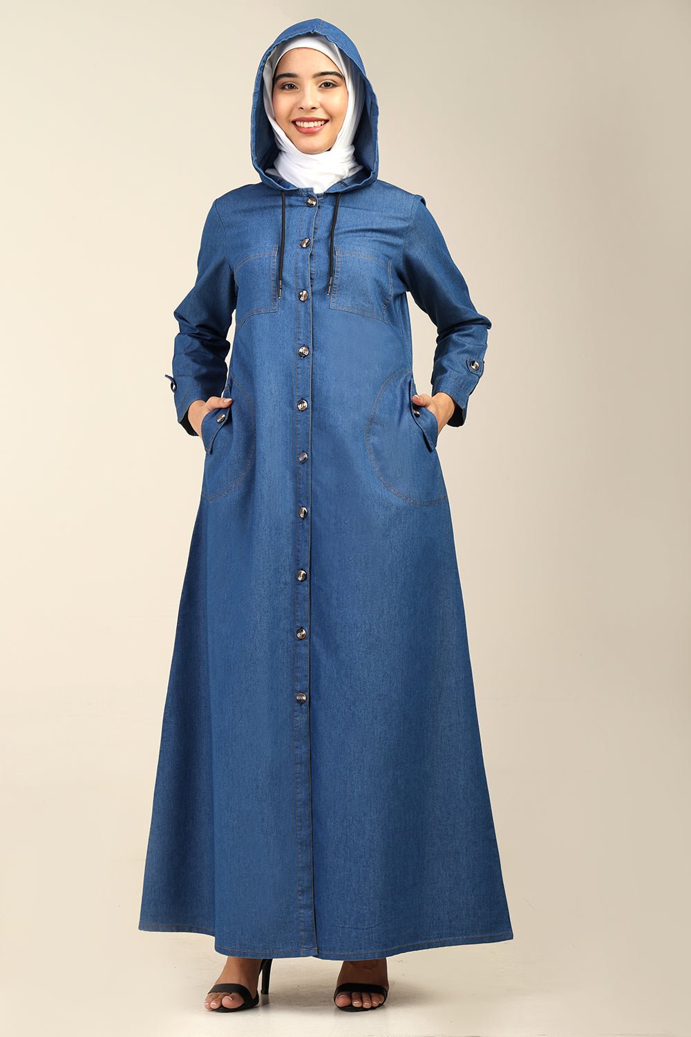 Front Button Opening Hooded Denim Abaya - EastEssence.com