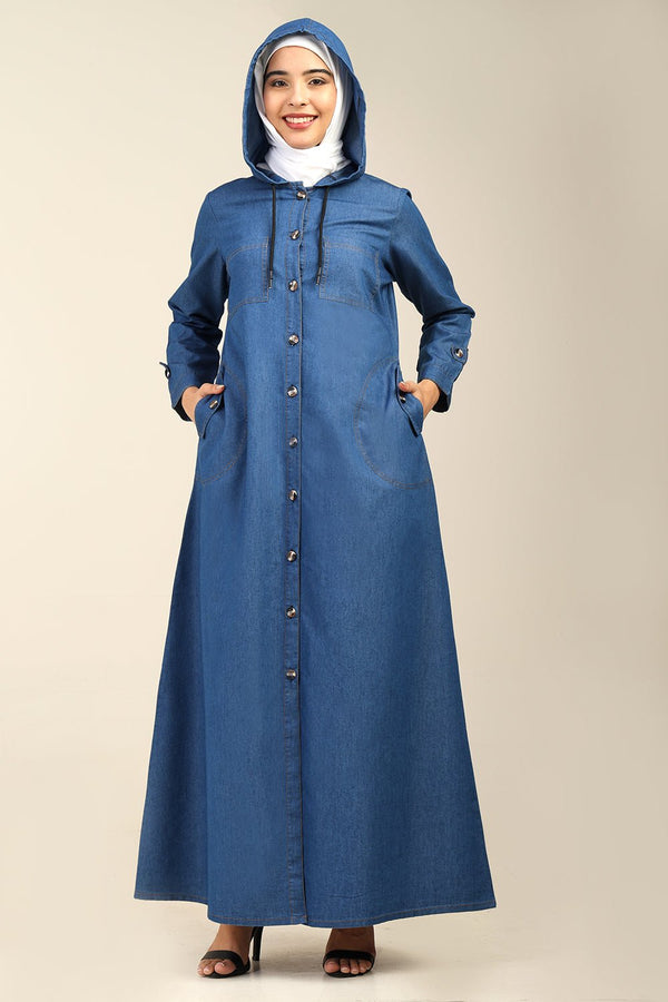 Front Button Opening Hooded Denim Abaya - EastEssence.com