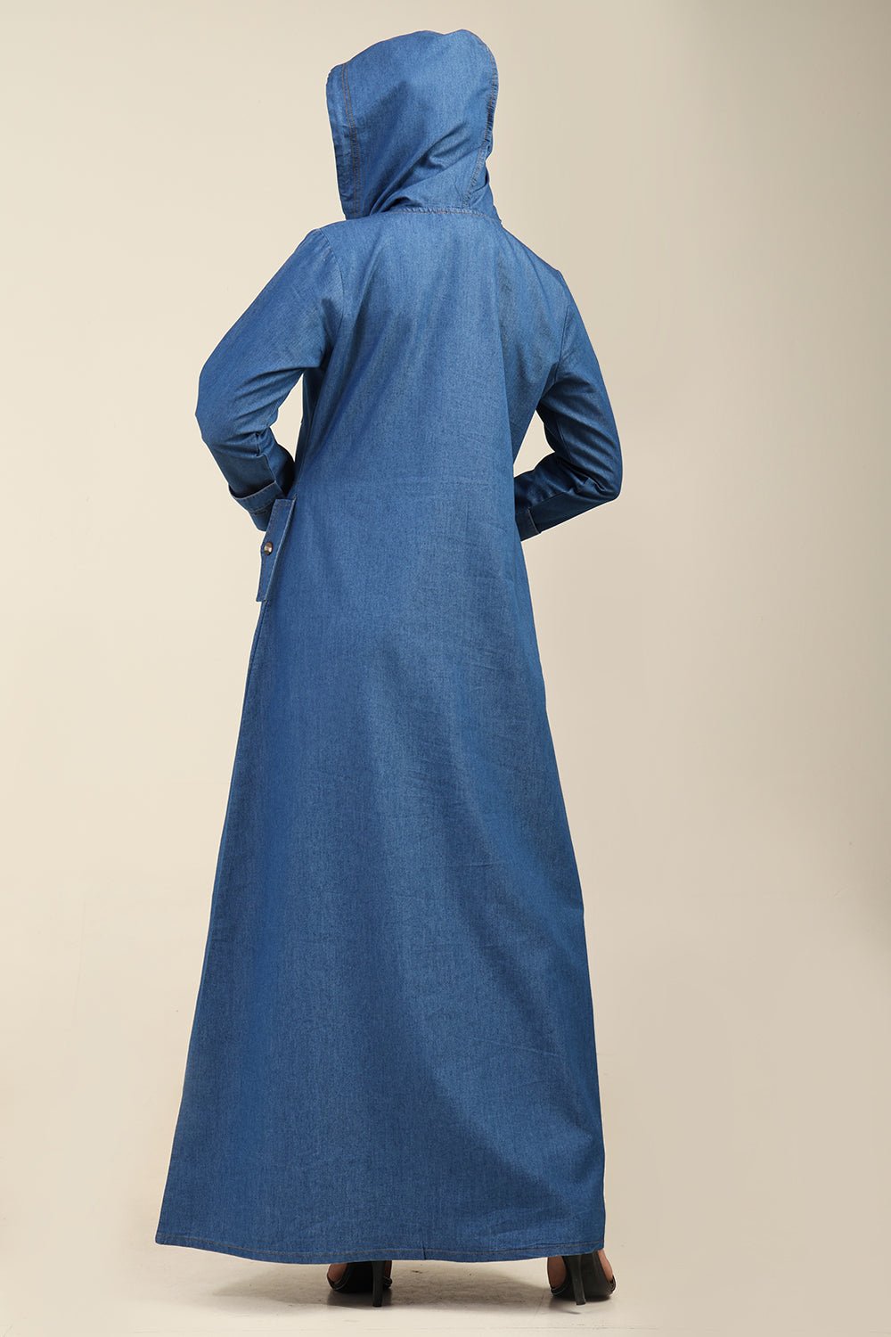 Front Button Opening Hooded Denim Abaya - EastEssence.com