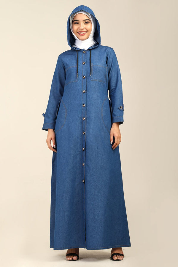 Front Button Opening Hooded Denim Abaya - EastEssence.com