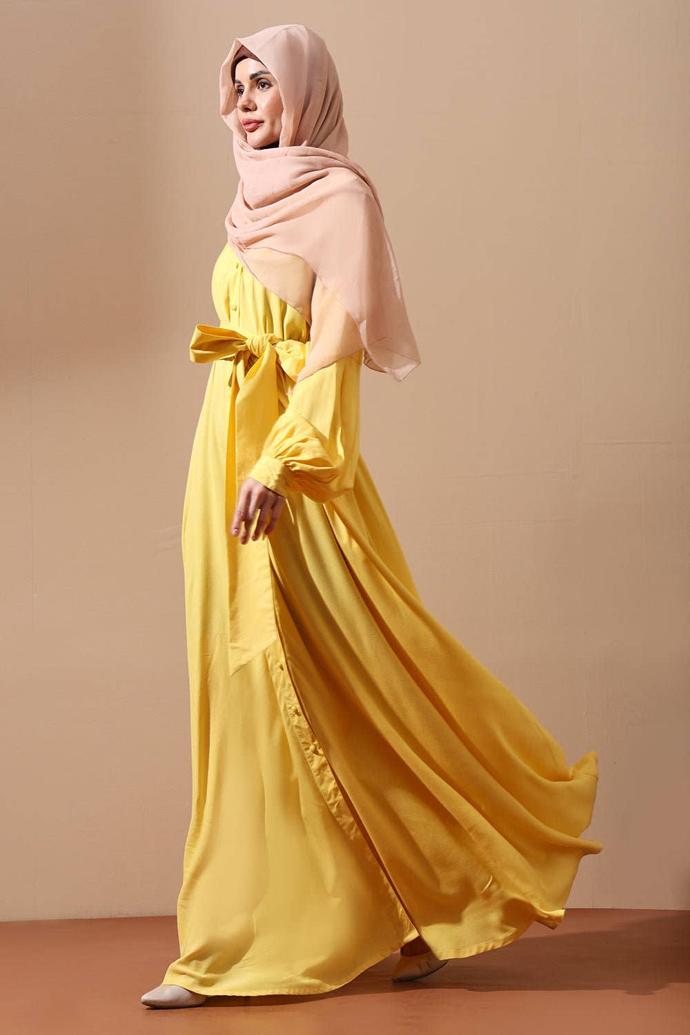 Front - Open Belted Abaya with full Sleeves and Pockets - EastEssence.com