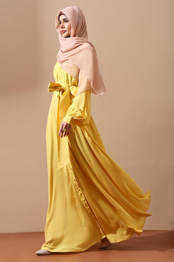 Front - Open Belted Abaya with full Sleeves and Pockets - EastEssence.com