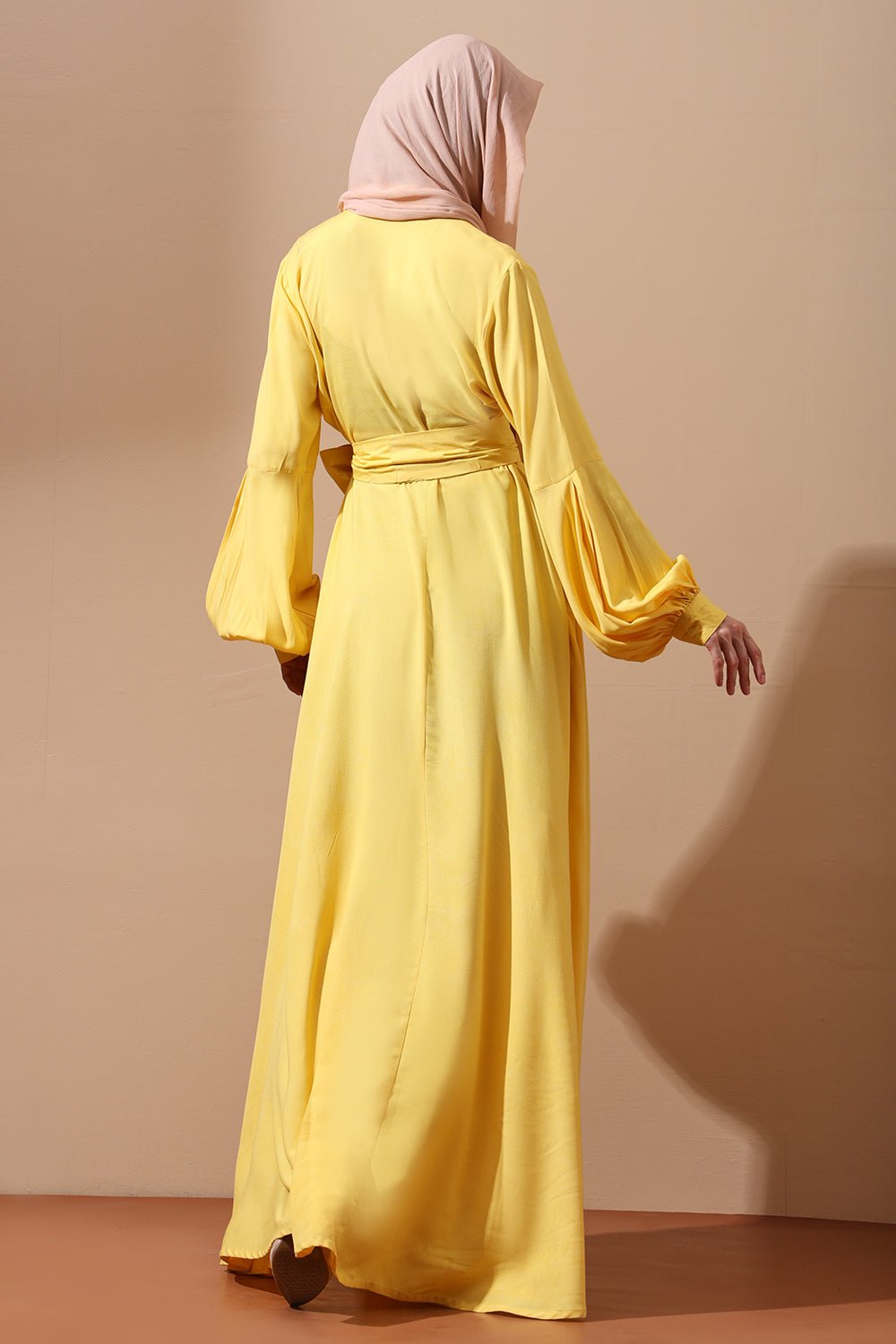 Front - Open Belted Abaya with full Sleeves and Pockets - EastEssence.com