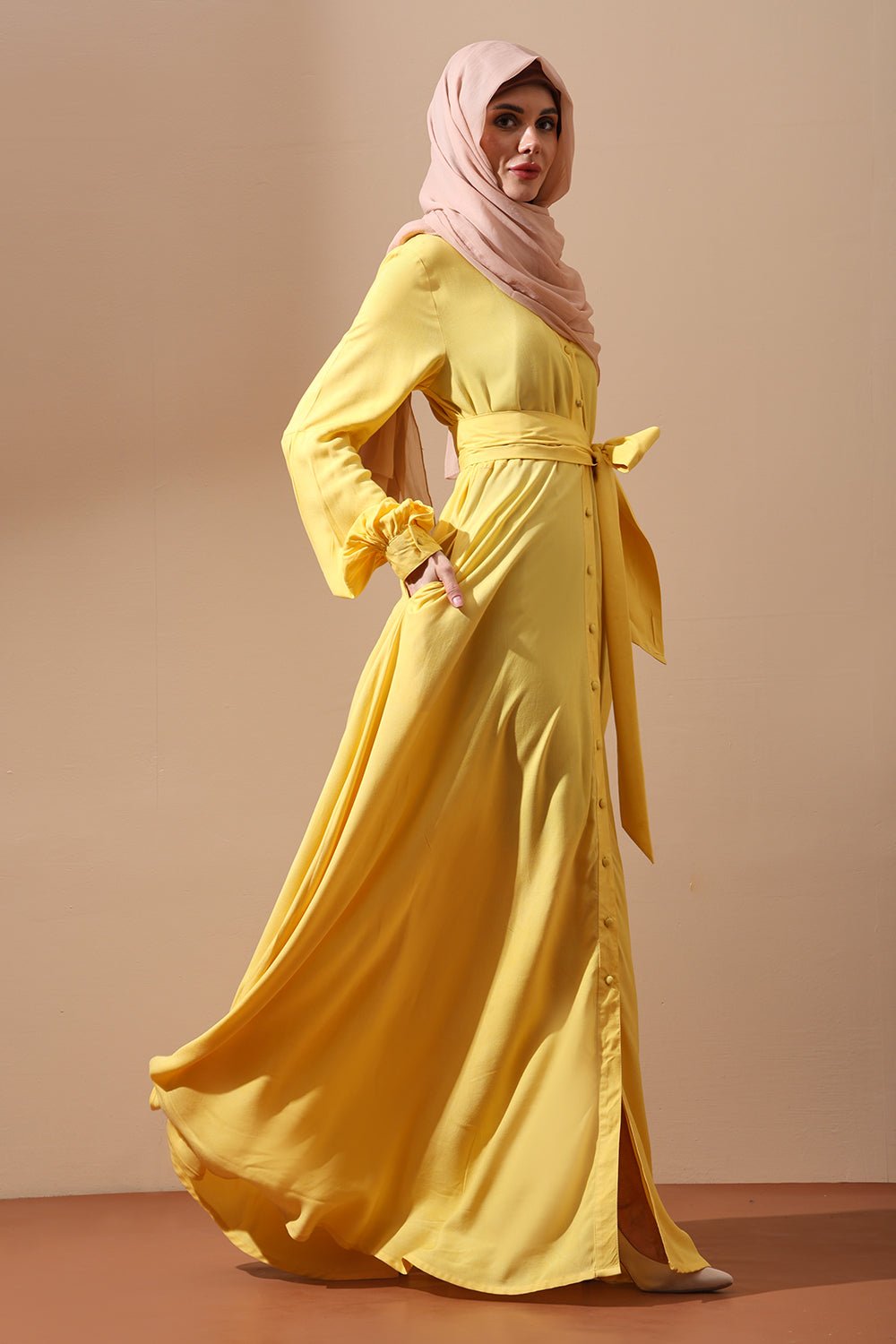 Front - Open Belted Abaya with full Sleeves and Pockets - EastEssence.com