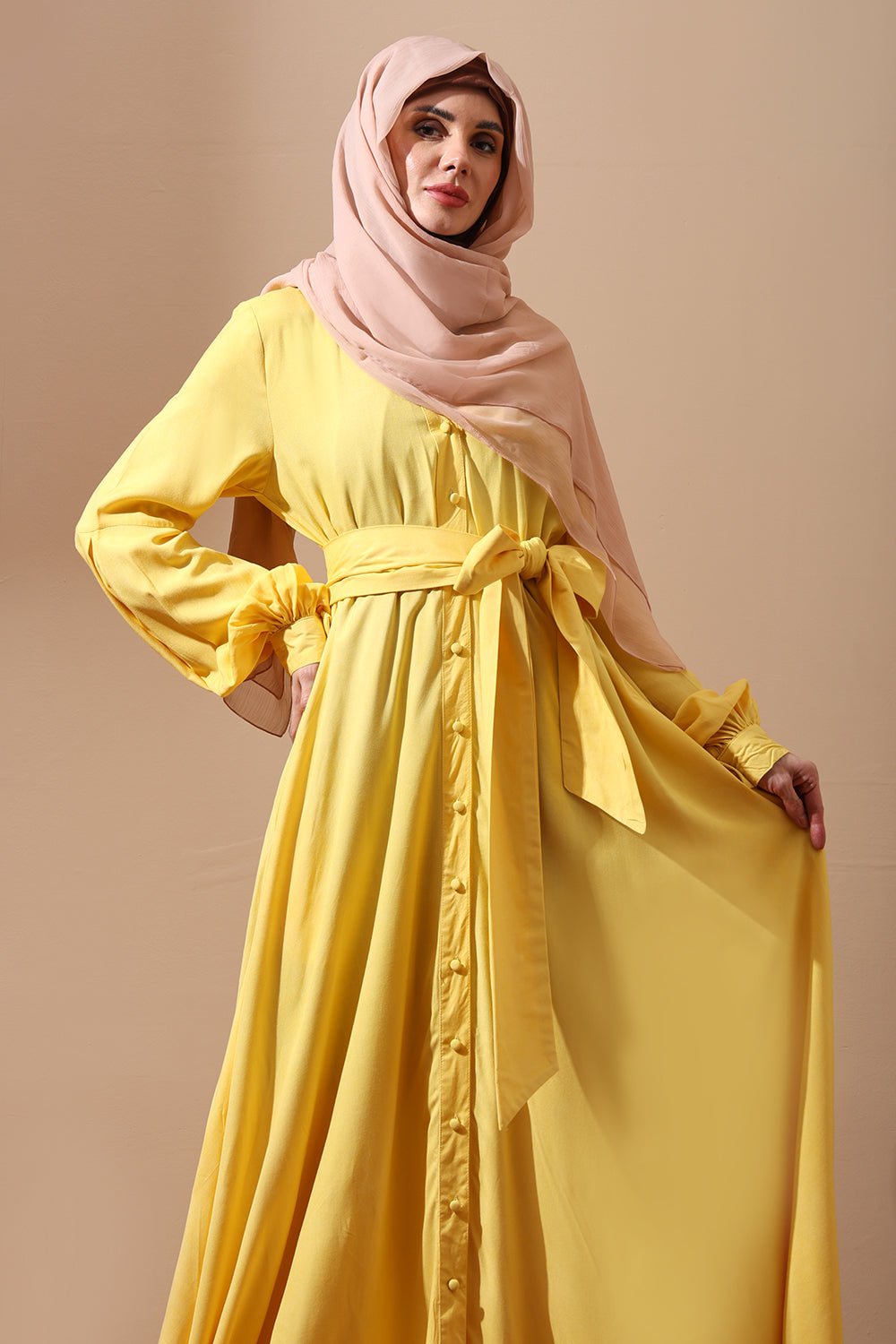 Front - Open Belted Abaya with full Sleeves and Pockets - EastEssence.com