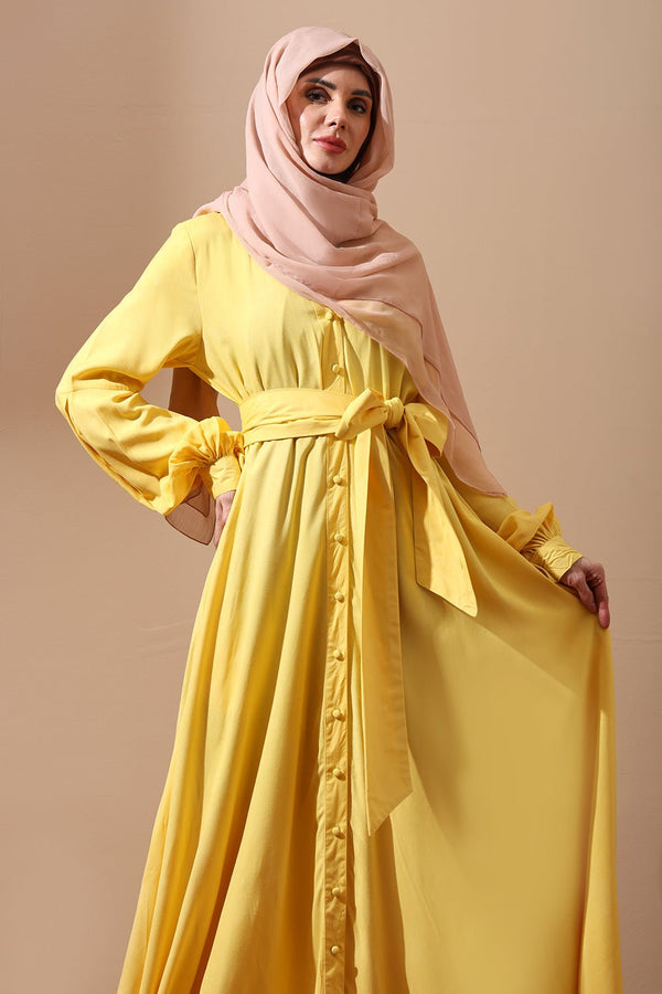 Front - Open Belted Abaya with full Sleeves and Pockets - EastEssence.com