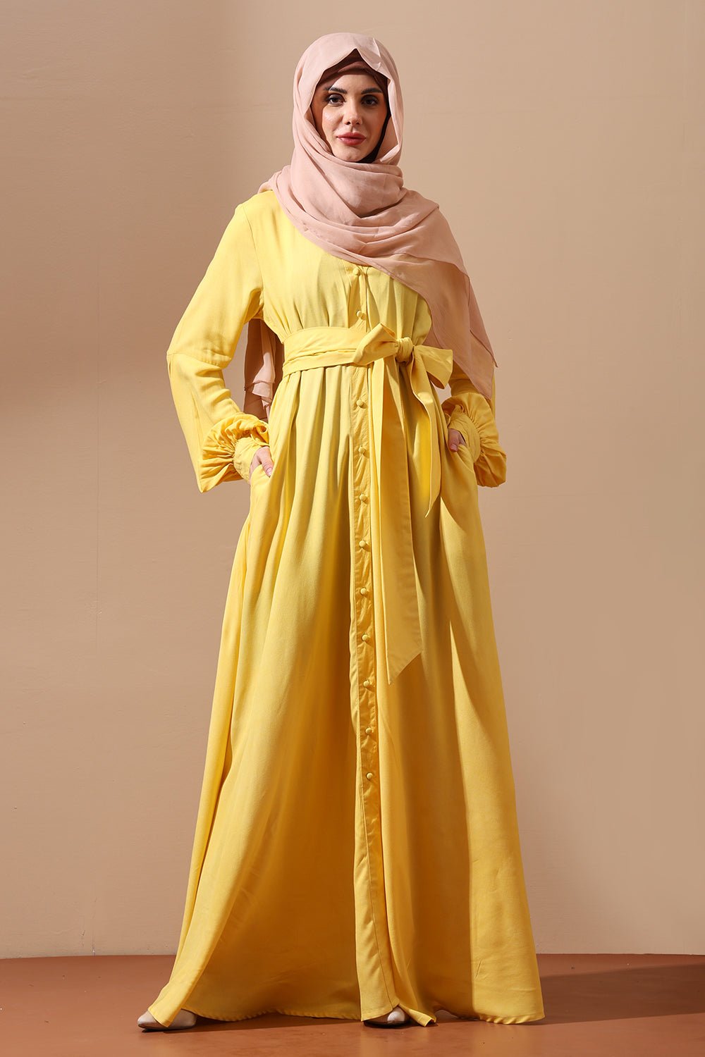 Front - Open Belted Abaya with full Sleeves and Pockets - EastEssence.com