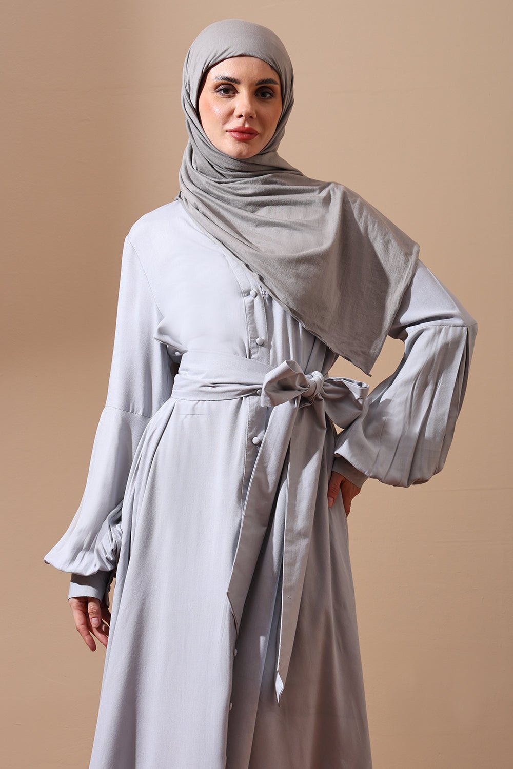Front - Open Belted Abaya with Statement Sleeves and Side Pockets - EastEssence.com