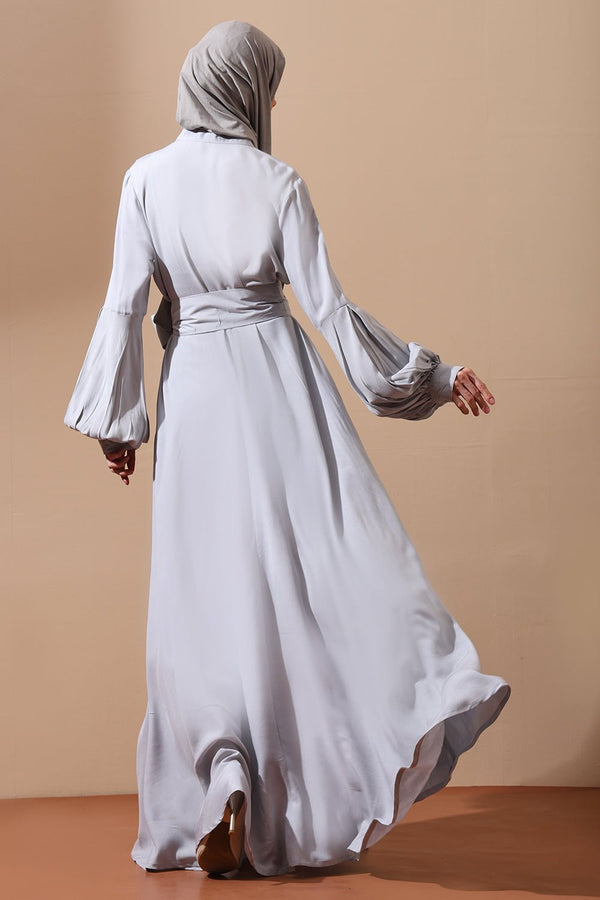 Front - Open Belted Abaya with Statement Sleeves and Side Pockets - EastEssence.com