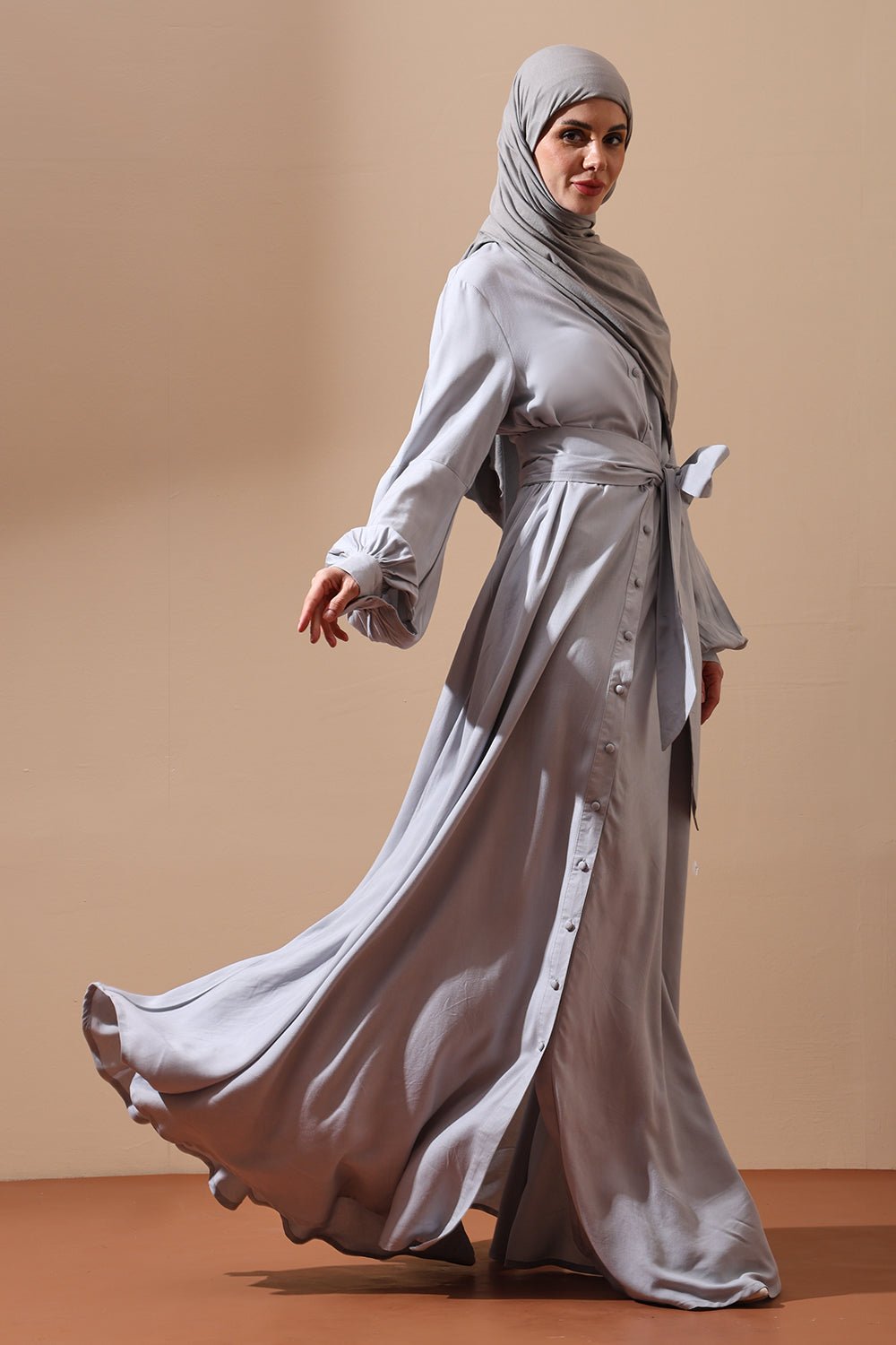 Front - Open Belted Abaya with Statement Sleeves and Side Pockets - EastEssence.com