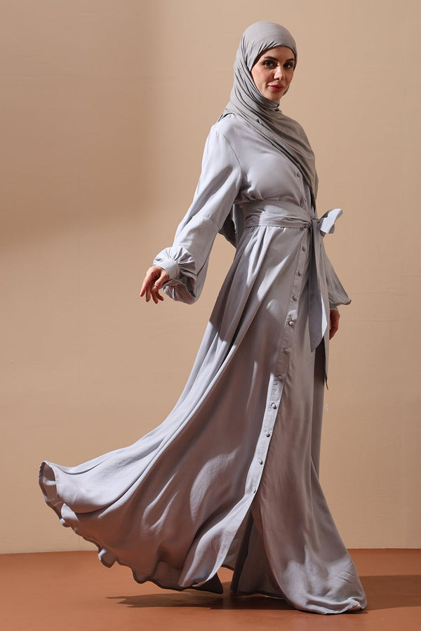 Front - Open Belted Abaya with Statement Sleeves and Side Pockets - EastEssence.com