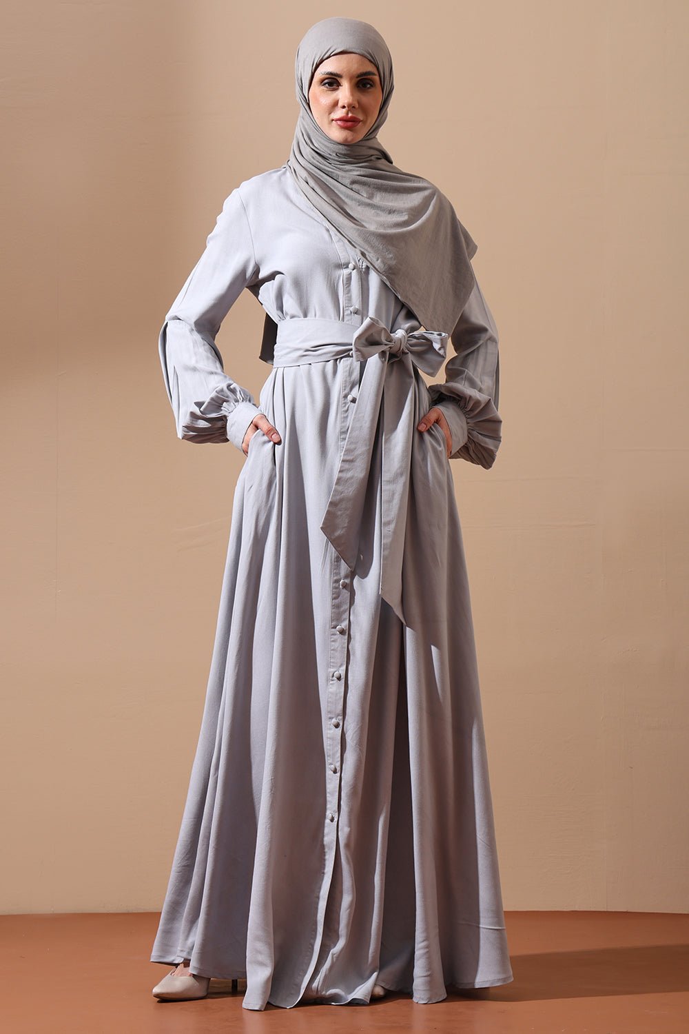 Front - Open Belted Abaya with Statement Sleeves and Side Pockets - EastEssence.com