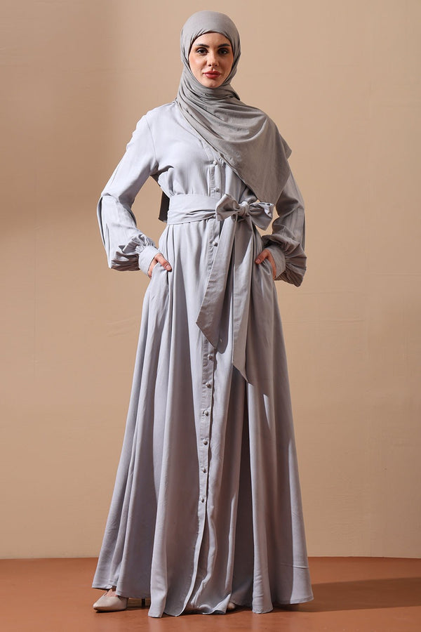 Front - Open Belted Abaya with Statement Sleeves and Side Pockets - EastEssence.com