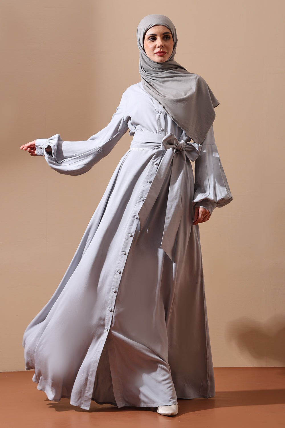 Front - Open Belted Abaya with Statement Sleeves and Side Pockets - EastEssence.com