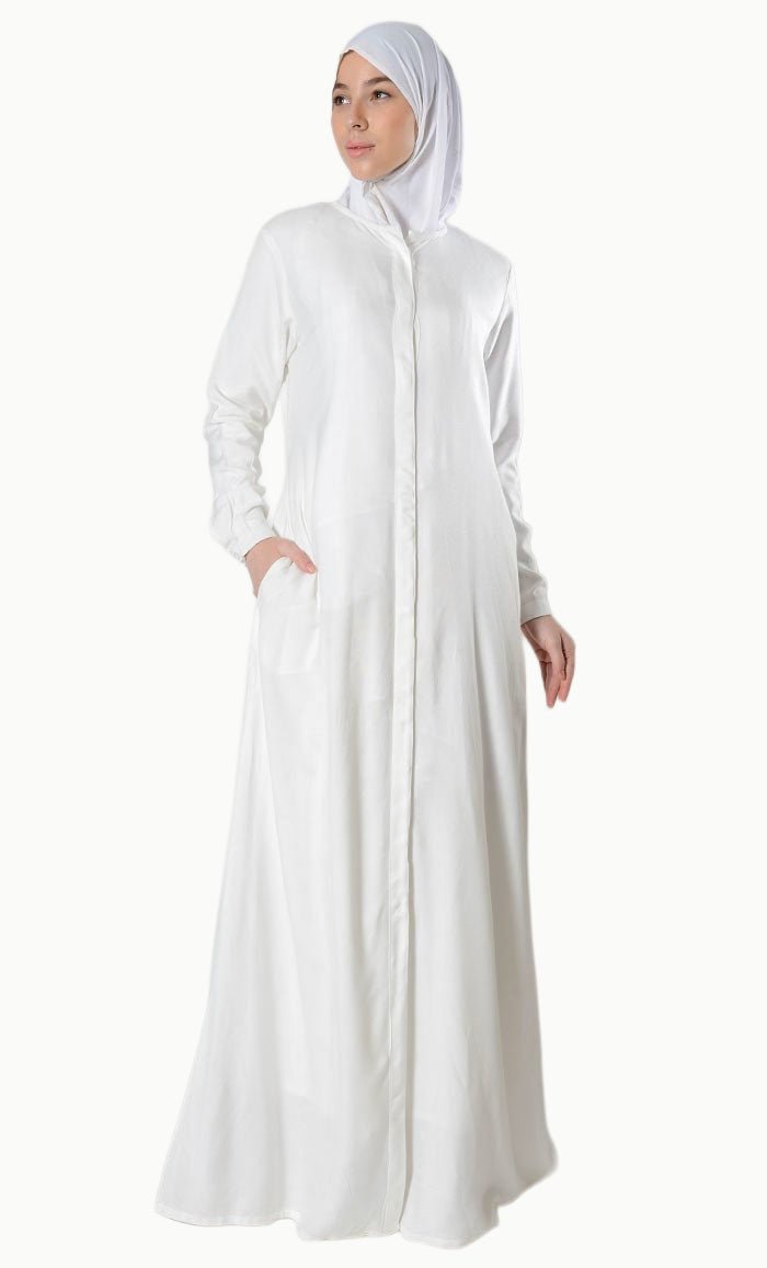 Front Open Button Down Hajj Umrah Abaya Dress with inner lining - EastEssence.com