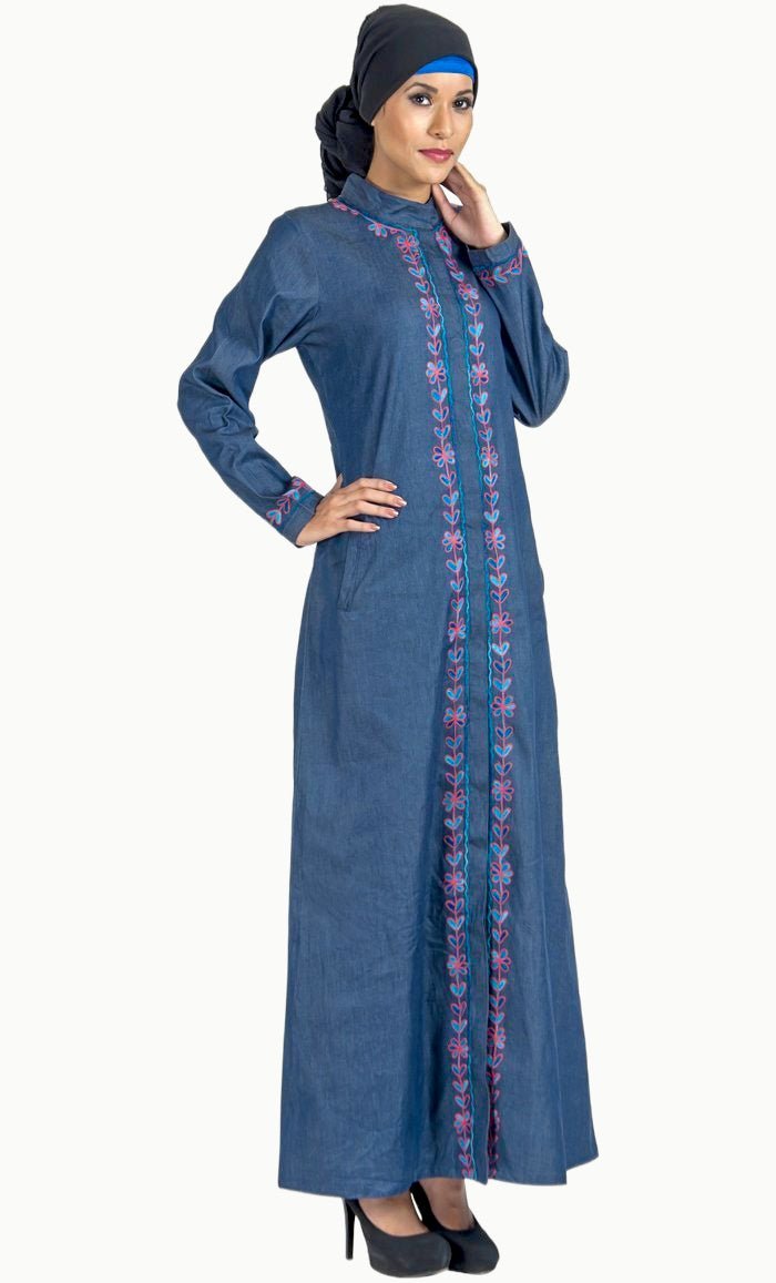 Front open denim embroidered abaya/ Jilbab dress - EastEssence.com