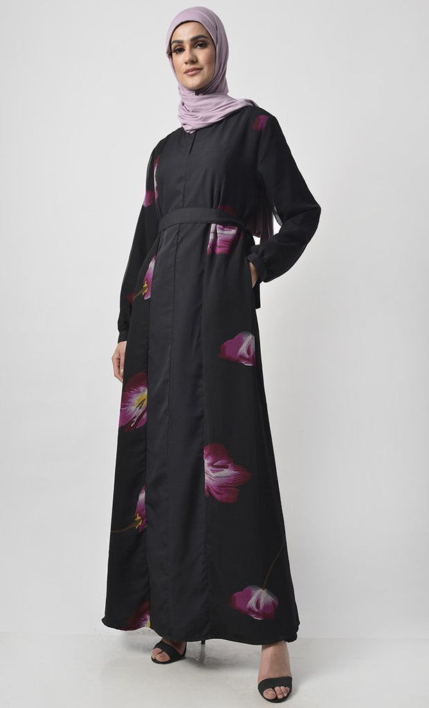 Front With Printed Panel Abaya With Pockets - Final Sale - EastEssence.com