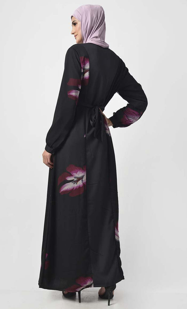 Front With Printed Panel Abaya With Pockets - Final Sale - EastEssence.com