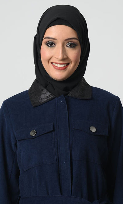 Full Sleeve Corduroy Jacket ??Collar Neck, Zipper Closure, Adjustable Belt - EastEssence.com