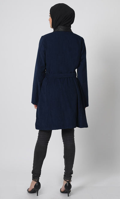 Full Sleeve Corduroy Jacket ??Collar Neck, Zipper Closure, Adjustable Belt - EastEssence.com