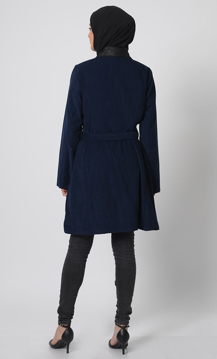 Full Sleeve Corduroy Jacket ??Collar Neck, Zipper Closure, Adjustable Belt - EastEssence.com