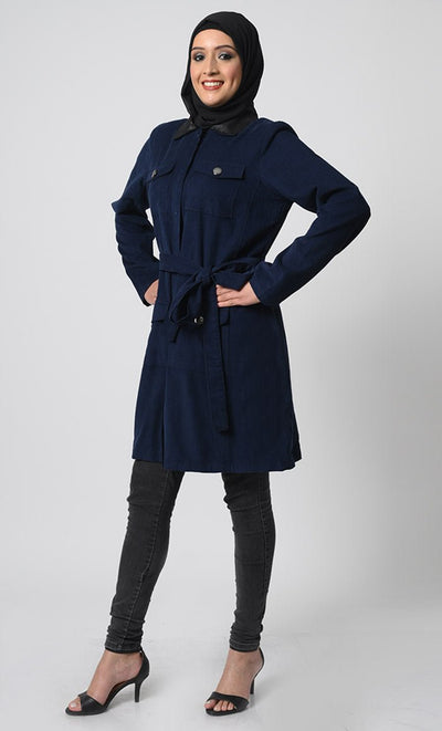 Full Sleeve Corduroy Jacket ??Collar Neck, Zipper Closure, Adjustable Belt - EastEssence.com