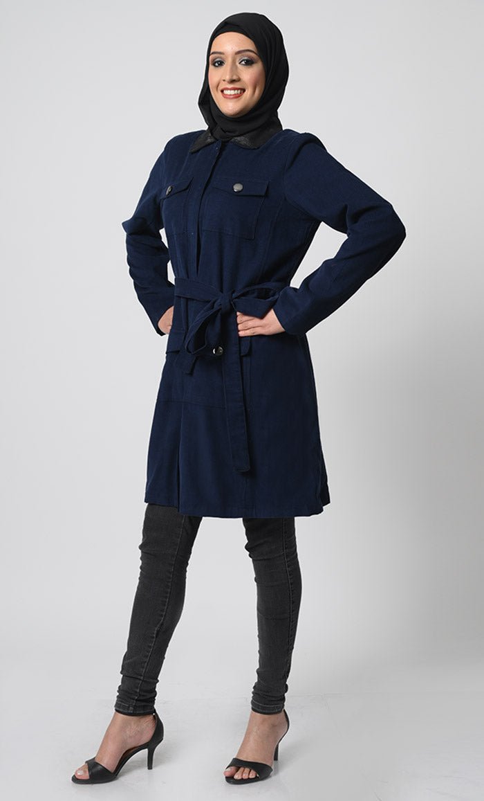 Full Sleeve Corduroy Jacket ??Collar Neck, Zipper Closure, Adjustable Belt - EastEssence.com