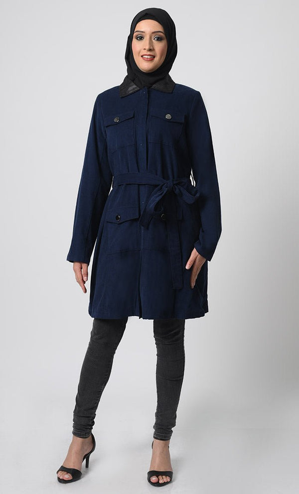 Full Sleeve Corduroy Jacket ??Collar Neck, Zipper Closure, Adjustable Belt - EastEssence.com