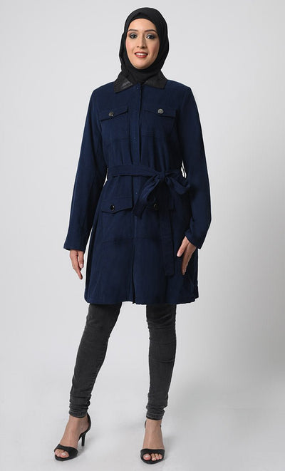 Full Sleeve Corduroy Jacket – Collar Neck, Zipper Closure, Adjustable Belt - EastEssence.com