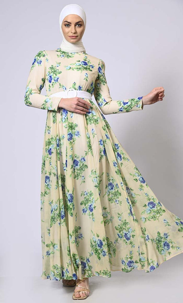 Garden Grace : Printed Abaya with Belt and Hijab - Final Sale - EastEssence.com