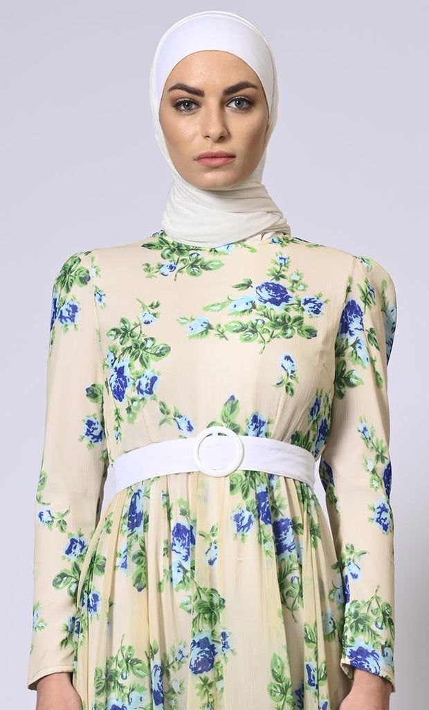 Garden Grace : Printed Abaya with Belt and Hijab - Final Sale - EastEssence.com