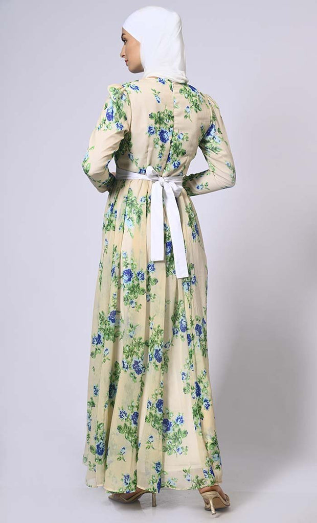 Garden Grace : Printed Abaya with Belt and Hijab - Final Sale - EastEssence.com