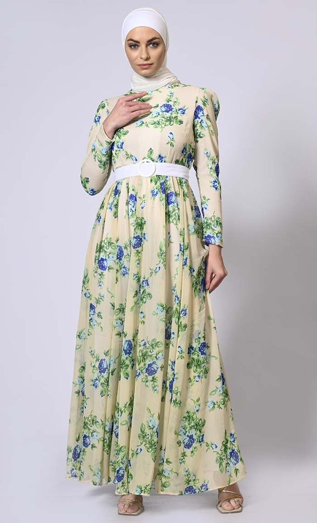 Garden Grace : Printed Abaya with Belt and Hijab - Final Sale - EastEssence.com