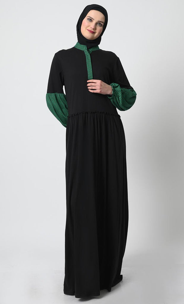 Gathered Waist Cotton Jersey Abaya – Stand Collar, Lantern Sleeves - EastEssence.com