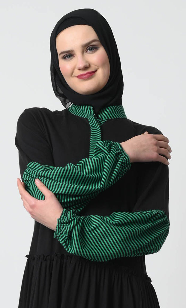 Gathered Waist Cotton Jersey Abaya – Stand Collar, Lantern Sleeves - EastEssence.com