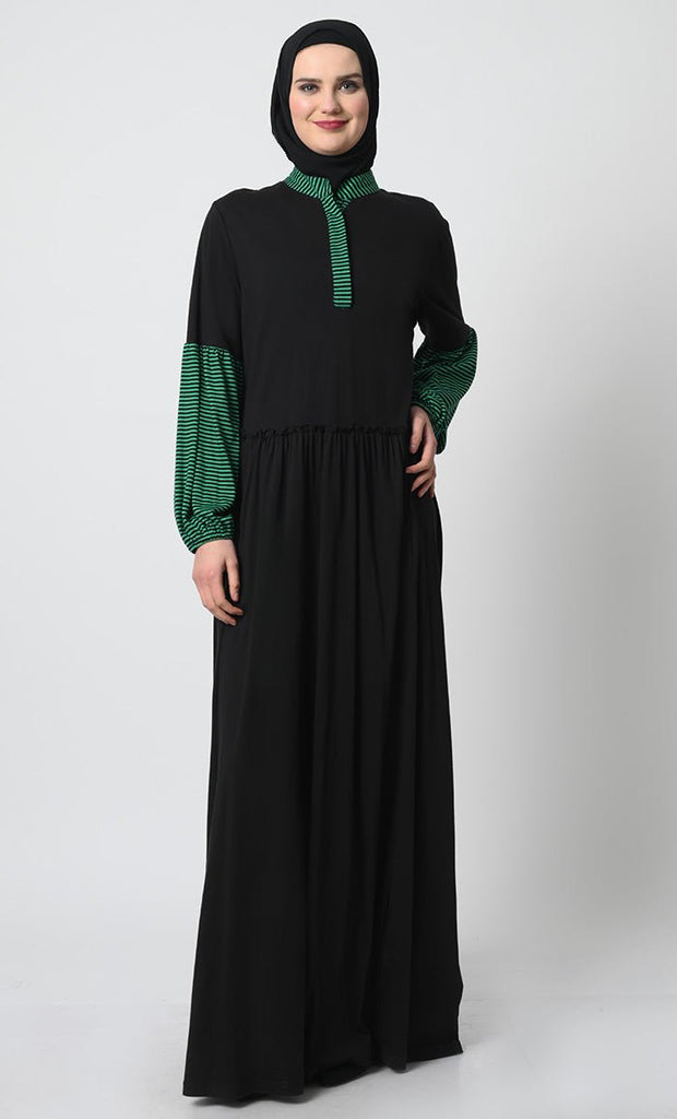 Gathered Waist Cotton Jersey Abaya – Stand Collar, Lantern Sleeves - EastEssence.com