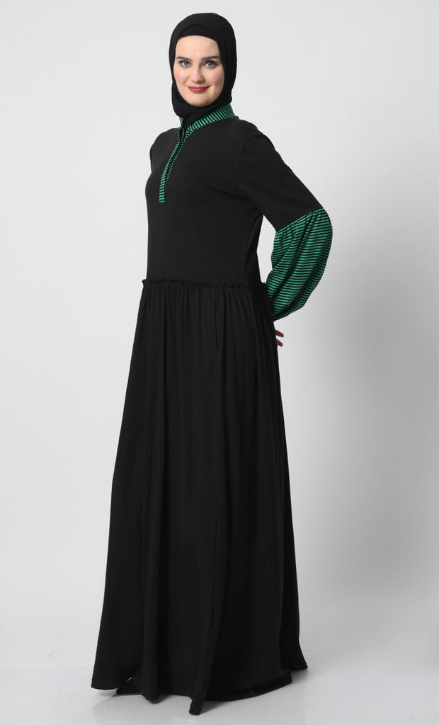 Gathered Waist Cotton Jersey Abaya – Stand Collar, Lantern Sleeves - EastEssence.com