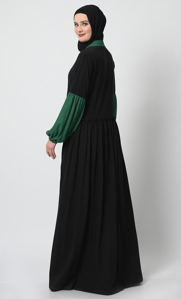 Gathered Waist Cotton Jersey Abaya – Stand Collar, Lantern Sleeves - EastEssence.com