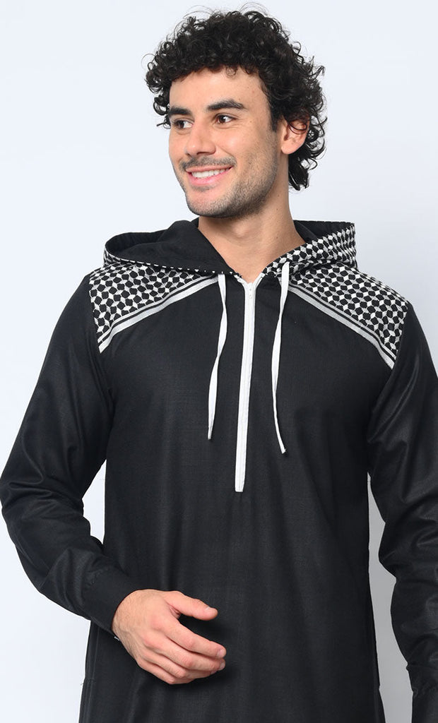 Geometric Charm Cross Stitch Embroidered Men's Black Thobe with Hoodie - EastEssence.com