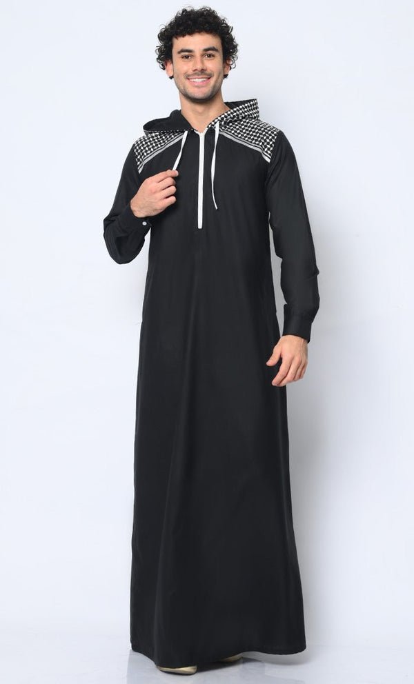 Geometric Charm Cross Stitch Embroidered Men's Black Thobe with Hoodie - EastEssence.com