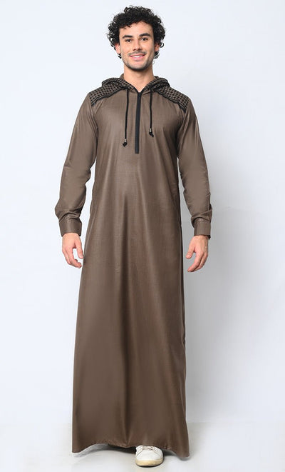 Geometric Charm Cross Stitch Embroidered Men's Brown Thobe with Hoodie - EastEssence.com