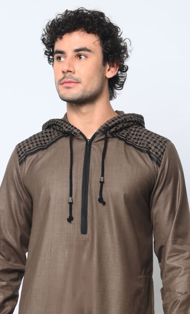 Geometric Charm Cross Stitch Embroidered Men's Brown Thobe with Hoodie - EastEssence.com