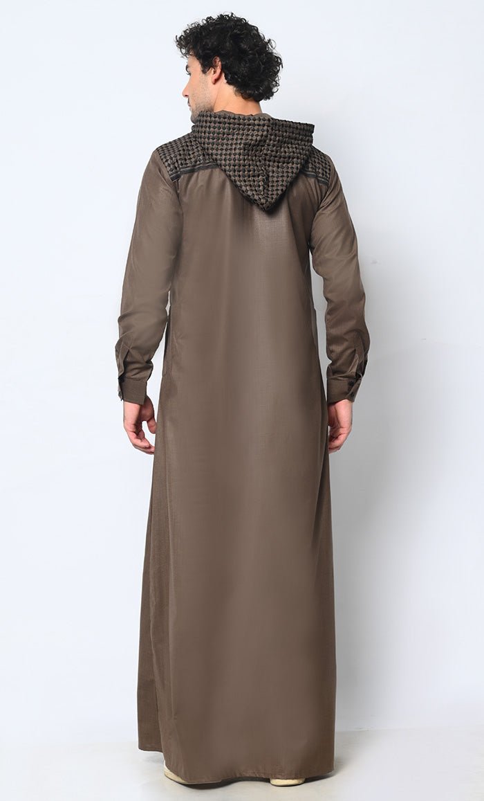 Geometric Charm Cross Stitch Embroidered Men's Brown Thobe with Hoodie - EastEssence.com