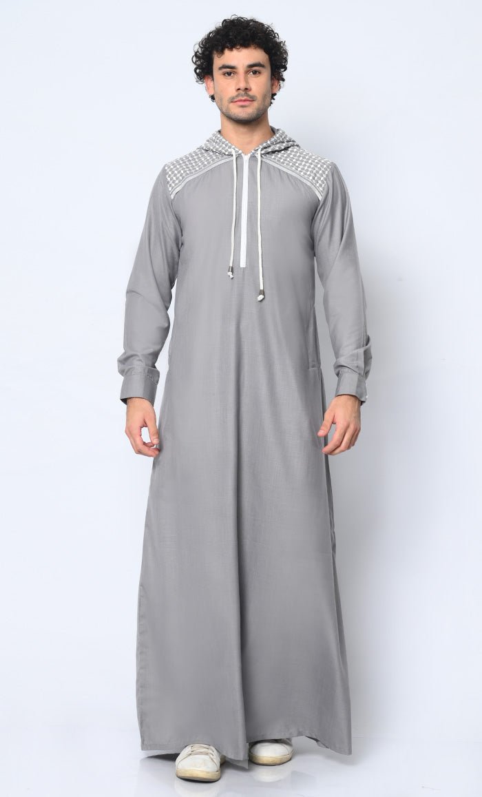 Geometric Charm Cross Stitch Embroidered Men's Grey Thobe with Hoodie - EastEssence.com