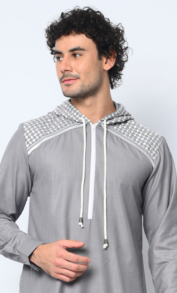 Geometric Charm Cross Stitch Embroidered Men's Grey Thobe with Hoodie - EastEssence.com