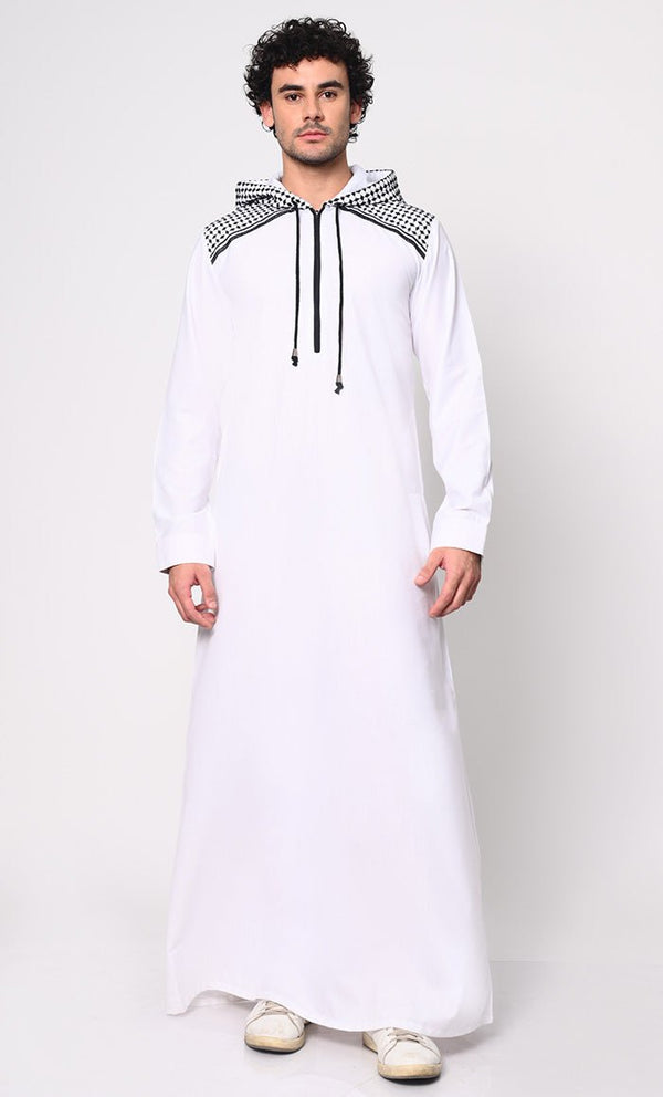 Geometric Charm Cross Stitch Embroidered Men's White Thobe with Hoodie - EastEssence.com