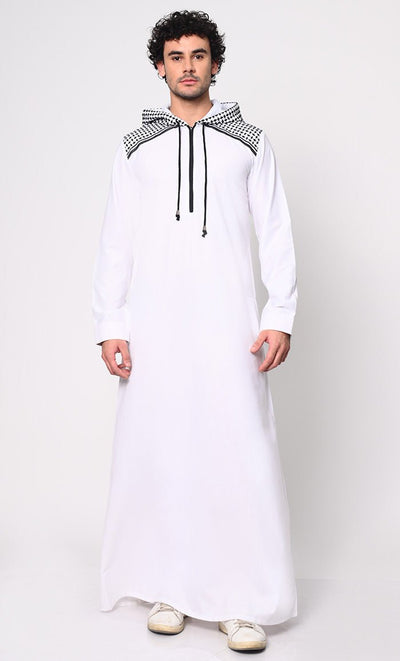 Geometric Charm Cross Stitch Embroidered Men's White Thobe with Hoodie - EastEssence.com