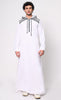Geometric Charm Cross Stitch Embroidered Men's White Thobe with Hoodie
